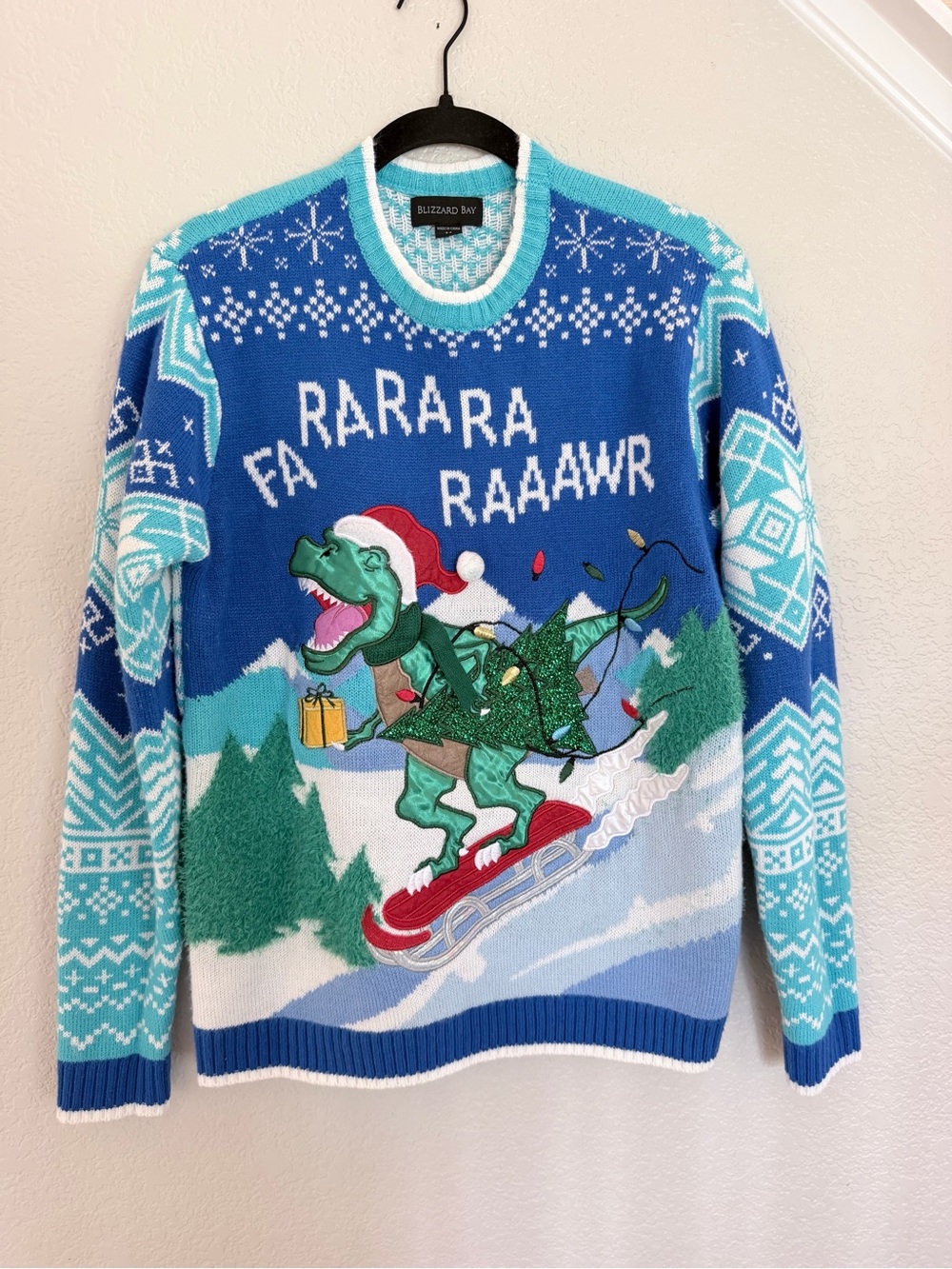 Blizzard Bay Ugly Christmas Sweater - T-Rex Dinosaur Sledding - Men's Medium